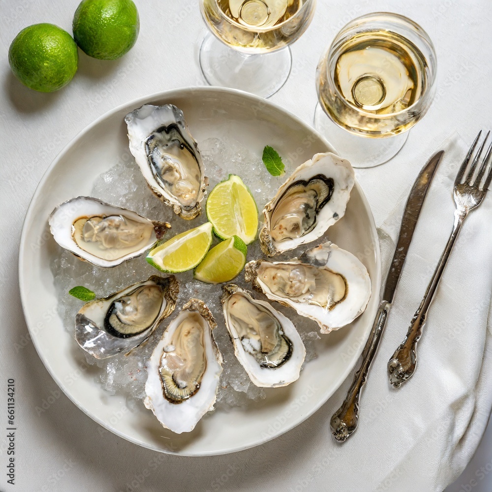 oysters on a plate with vine and lemon