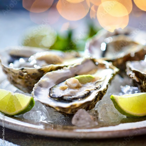 oyster with lemon, ice and bokeh