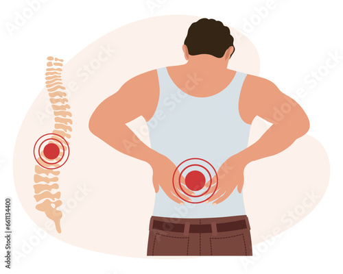 A man with pain in the cervical and lumbar vertebrae. Back pain, muscle pain, osteoarthritis, rheumatoid arthritis. Medicine. Illustration, vector