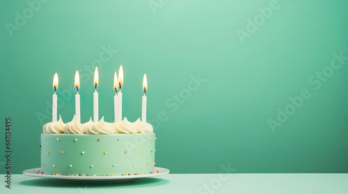 Birthday cake with eight candles on pastel green background with copy space - Generative Ai