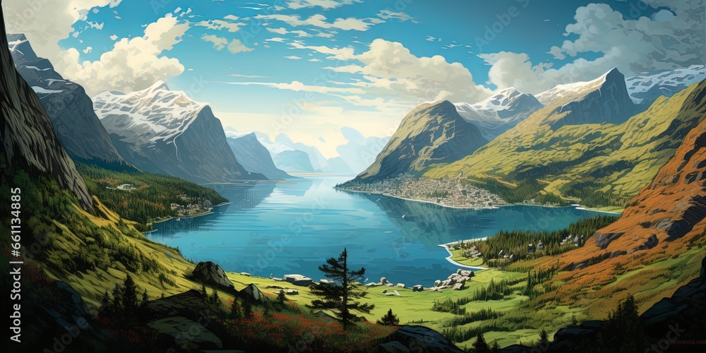 Colorful retro style illustration travel poster of a Scandinavian fjord.