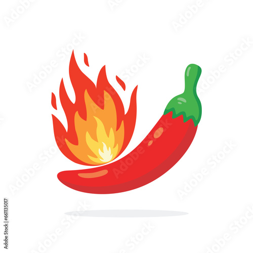 Hot red chilies with burning flames. Hot red chili pepper logo designed in cartoon flat style. Spicy red chili. Vector illustration.