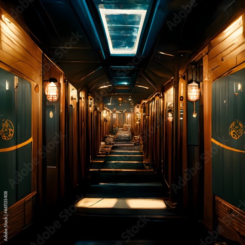 industrial skyship interior corridor to several sleeping cabins in style of the orient express volumetric lighting intricate details 8k octane render 