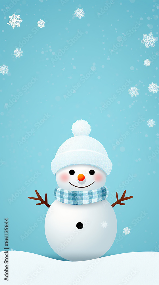Snowman with scarf and hat on plain background