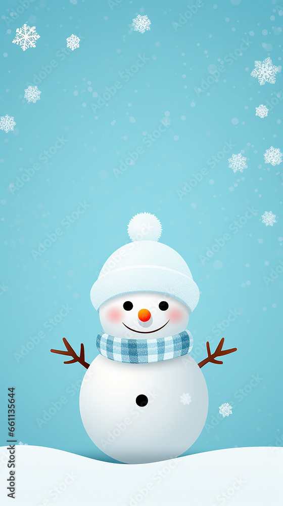 Fototapeta premium Snowman with scarf and hat on plain background