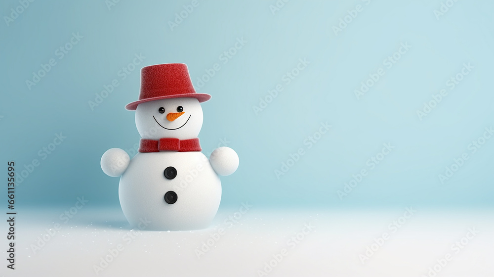 Snowman with scarf and hat on plain background