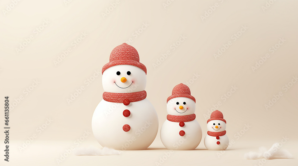 Snowman family on light background. Copy space