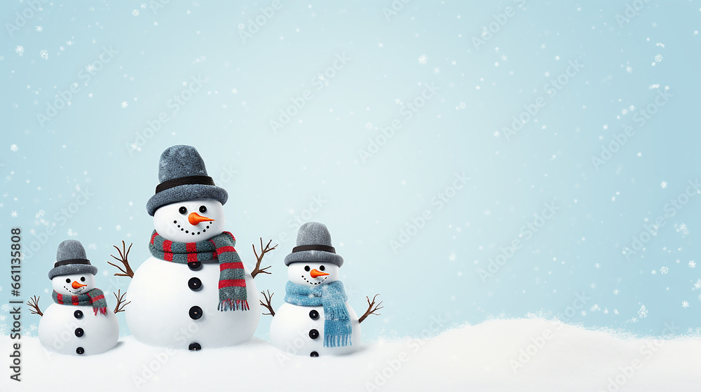 Fototapeta premium Snowman family on light background. Copy space