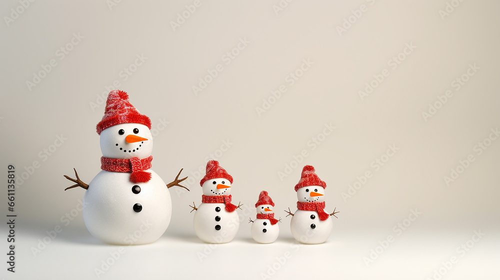 Snowman family on light background. Copy space Snowman family on light background. Copy space
