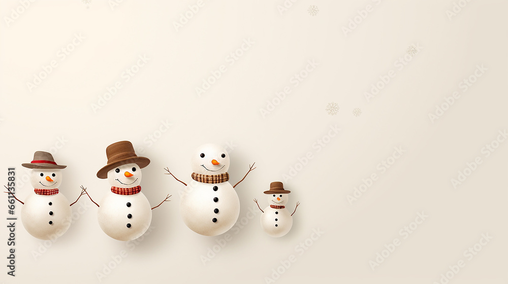 Snowman family on light background. Copy space Snowman family on light background. Copy space