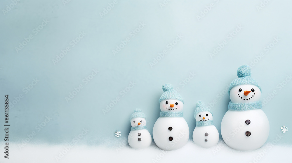 Snowman family on light background. Copy space Snowman family on light background. Copy space