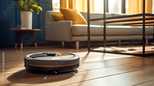 robotic vacuum cleaner on laminate wood floor smart cleaning technology photo