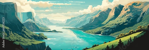 Colorful retro style illustration travel poster of a Scandinavian fjord. photo