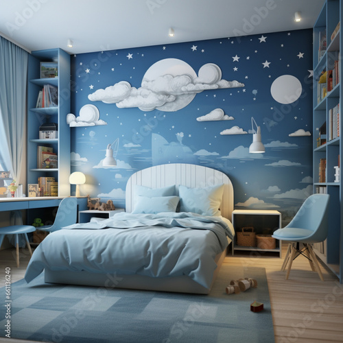 Child's room decorated with the theme of the sky and flying.
