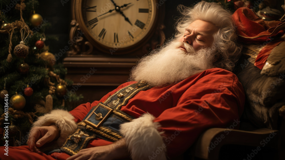 A tired old Santa Claus in a suit is napping in a chair by a big clock.