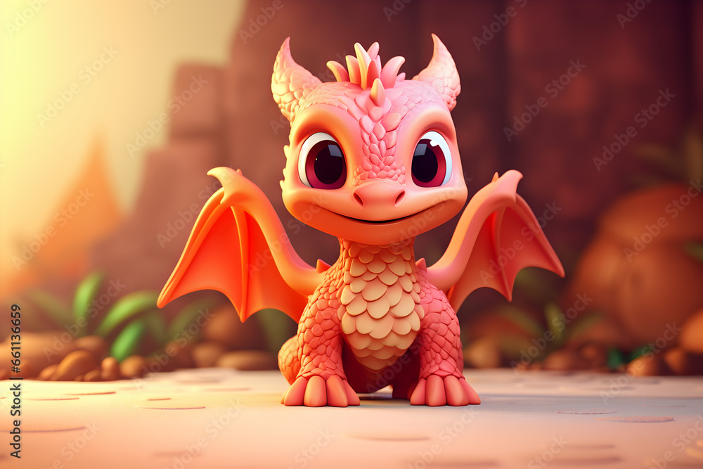 Super cute Orange Red little baby dragon with big eyes. Fantasy monster. Small Funny Cartoon character. Fairytale animal. isolated on a light background. Full body. 3d illustration for children. Ai