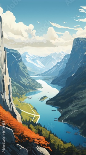 Colorful retro style illustration travel poster of a Scandinavian fjord. photo