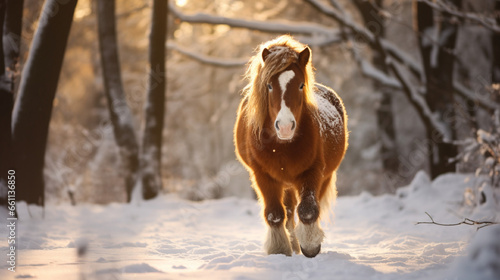 a pony frolics joyfully while sporting a cheerful  ruby-red winter hat