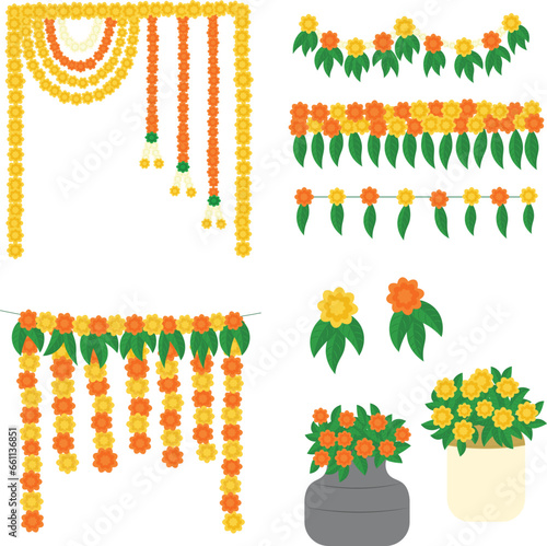 garland collection set marigold garland floral collection indian flowers toran for diwali navratri decoration indian garland illustration set