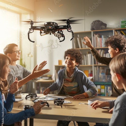 Children with a drone in class. Technology class at school. photo