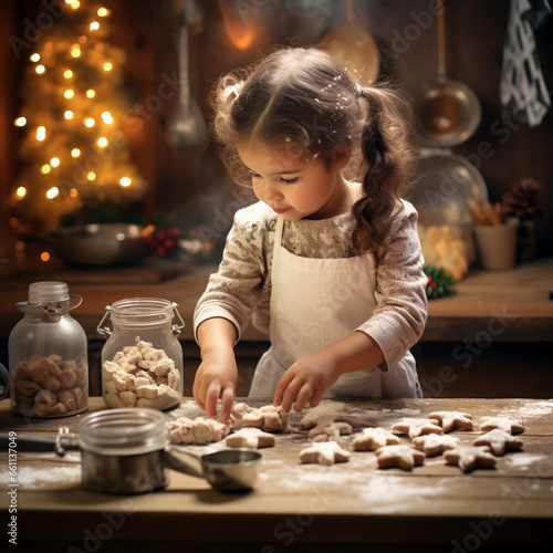Little girl making christmas cookies.