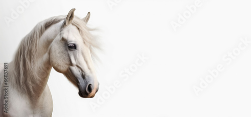 white horse portrait on white background, panoramic layout. Generative Ai © Alexandra