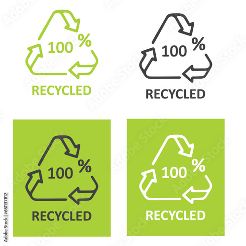 100% Recycled label, icon, Sign. Biodegradable Sticker.