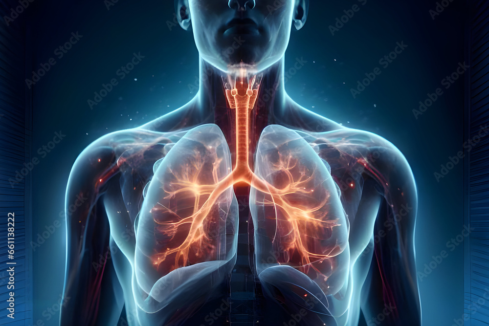 Human body anatomy with lungs in x-ray image. 3D rendering - obrazy, fototapety, plakaty 