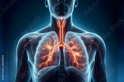 Fotografiet Human body anatomy with lungs in x-ray image. 3D rendering