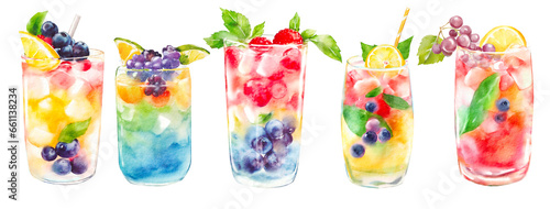 Set of cocktails, summer drinks in glass with slice watercolor clipart, watercolor soda drink with straw and bubbles, summer fresh cocktails, fruits and berries, exotic citrus © Yevheniia Poli