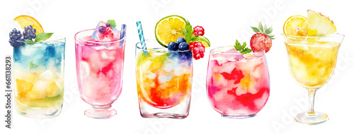 Set of cocktails, summer drinks in glass with slice watercolor clipart, watercolor soda drink with straw and bubbles, summer fresh cocktails, fruits and berries, exotic citrus