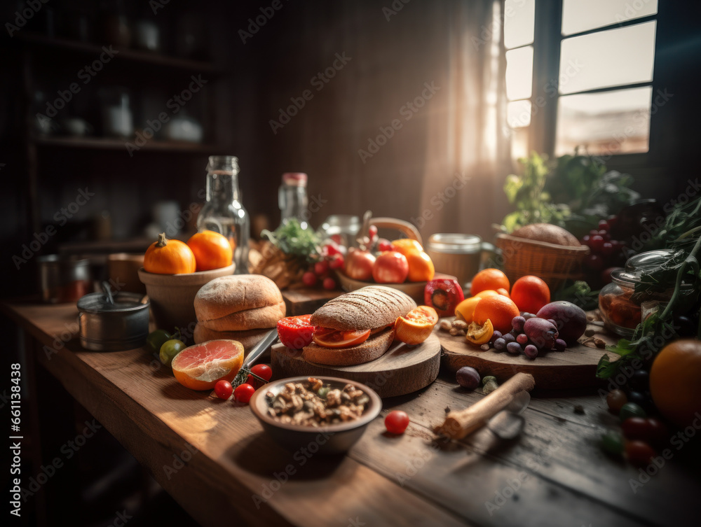 Balanced diet food in a rustic kitchen