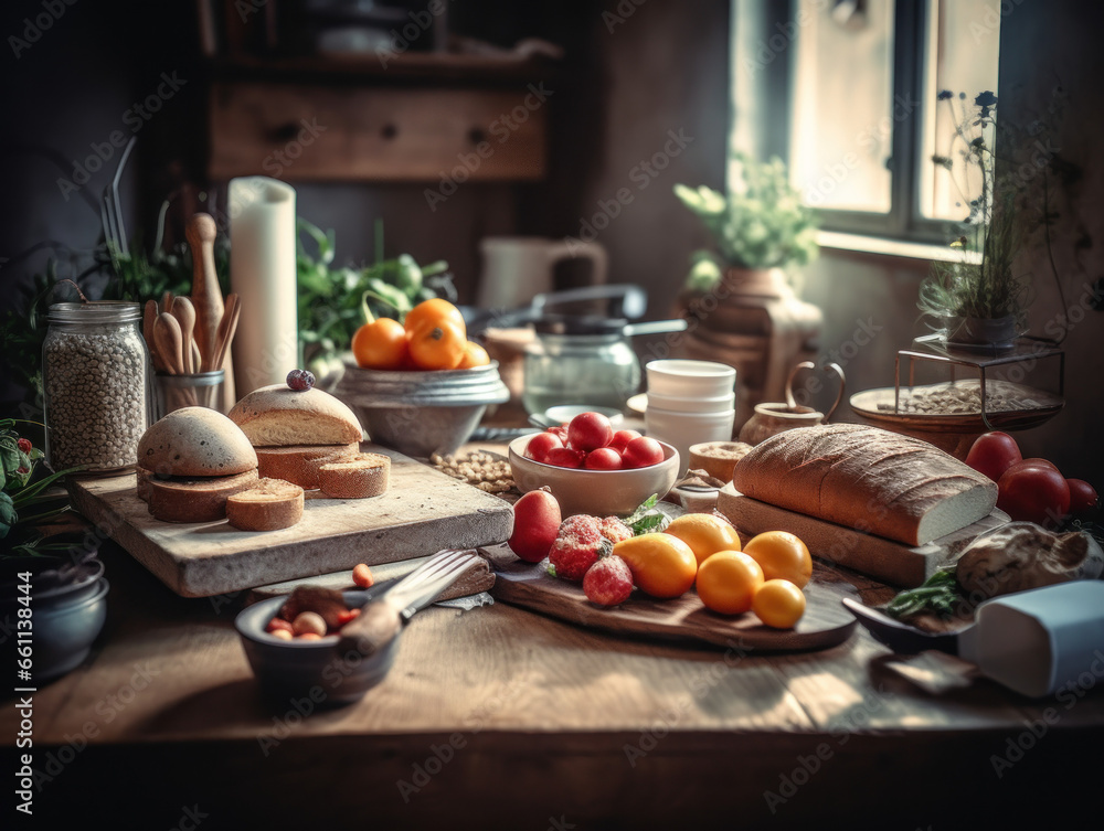 Balanced diet food in a rustic kitchen Balanced diet food in a rustic kitchen