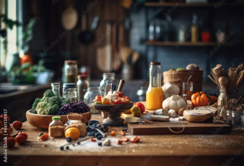 Balanced diet food in a rustic kitchen