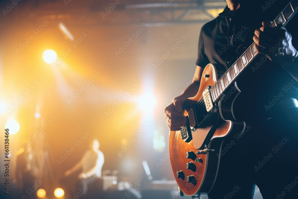 Obraz premium Musician playing guitar on scene with spotlights. Musical band at concert