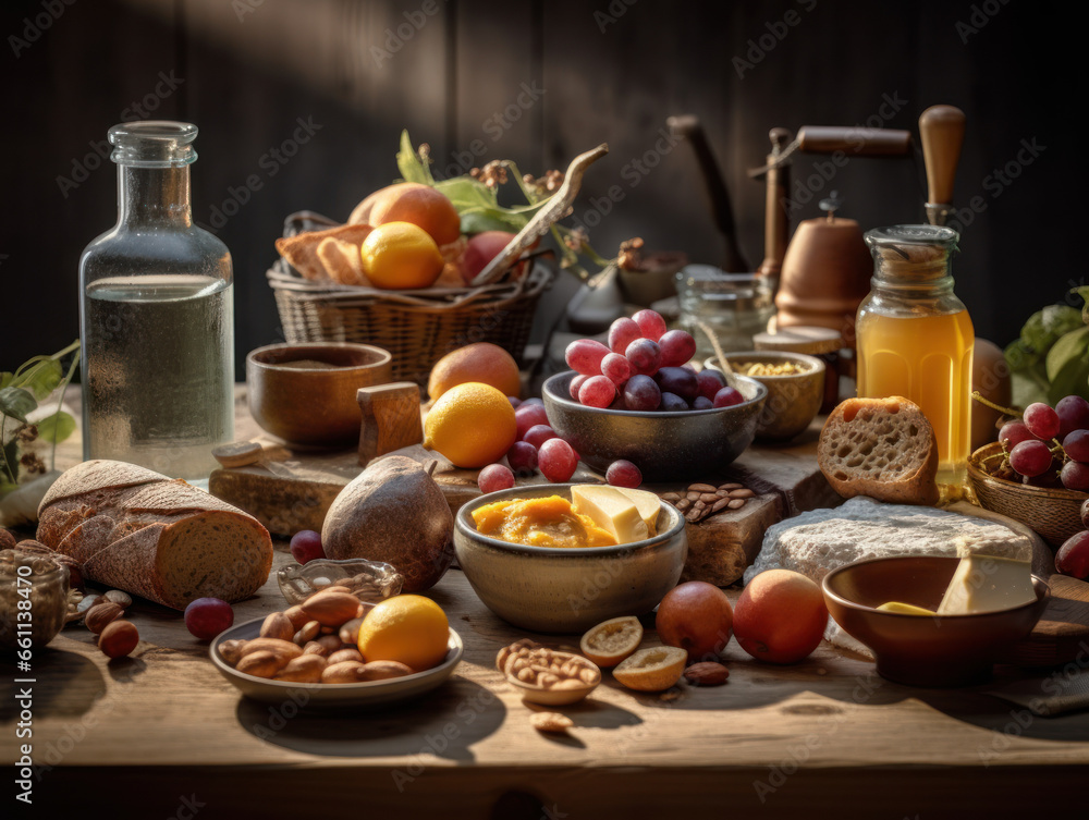 Balanced diet food in a rustic kitchen Balanced diet food in a rustic kitchen