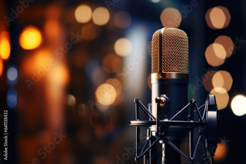 Studio microphone on blurred background. Black professional condenser microphone. Podcast recording