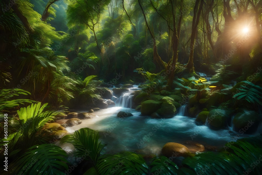 A fantasy forest scene with tropical trees and wildflowers - AI Generative A fantasy forest scene with tropical trees and wildflowers - AI Generative