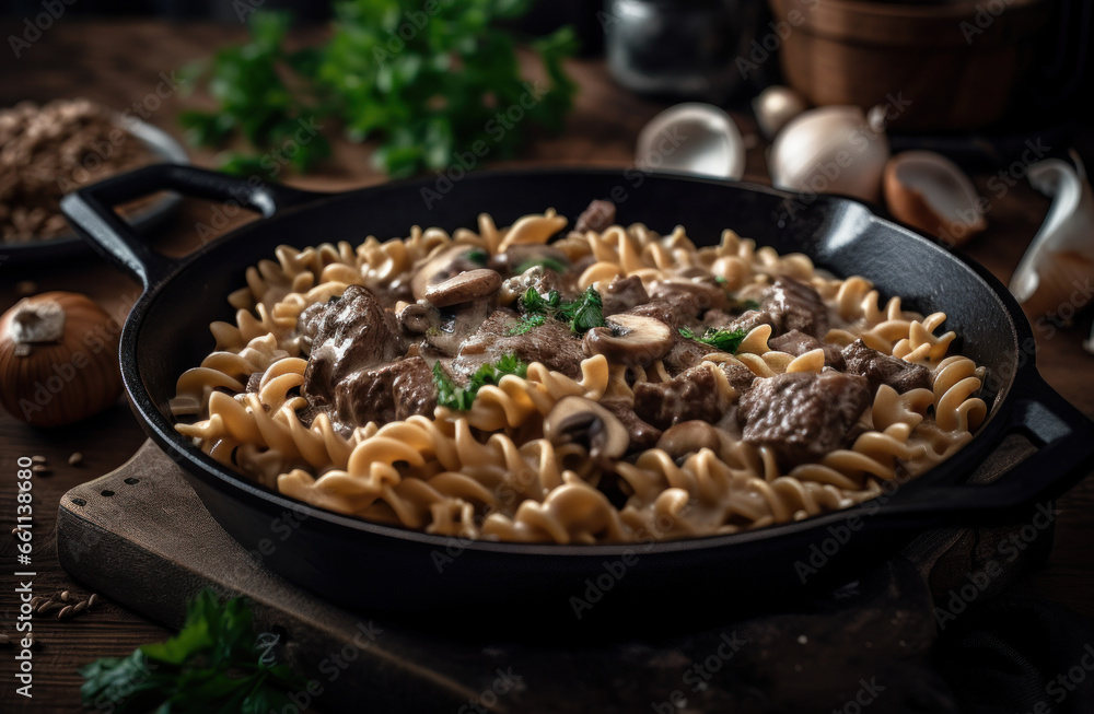 Beef Stroganoff in a rustic kitchen Beef Stroganoff in a rustic kitchen