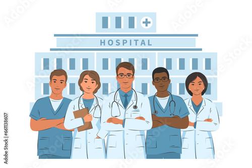 Different doctors on the background of the hospital building. Healthcare services, Ask a doctor.  Female and male doctor with stethoscope. Vector illustration.