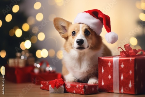 Close-up portrait of a dog wearing Santa hat celebrating Christmas sitting with the gifts near the Christmas tree