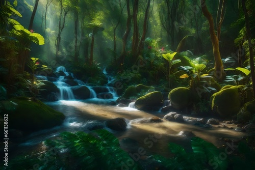 A fantasy forest scene with tropical trees and wildflowers - AI Generative
