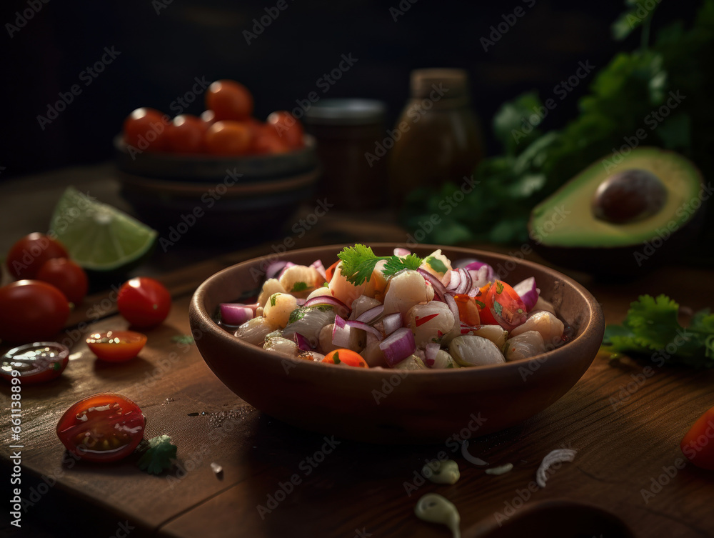 Ceviche in a rustic kitchen