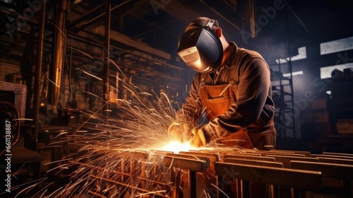 Male welder in a protective mask is welding metal. A professional works in a factory. Industrial background. Illustration for banner, poster, cover, brochure or presentation.