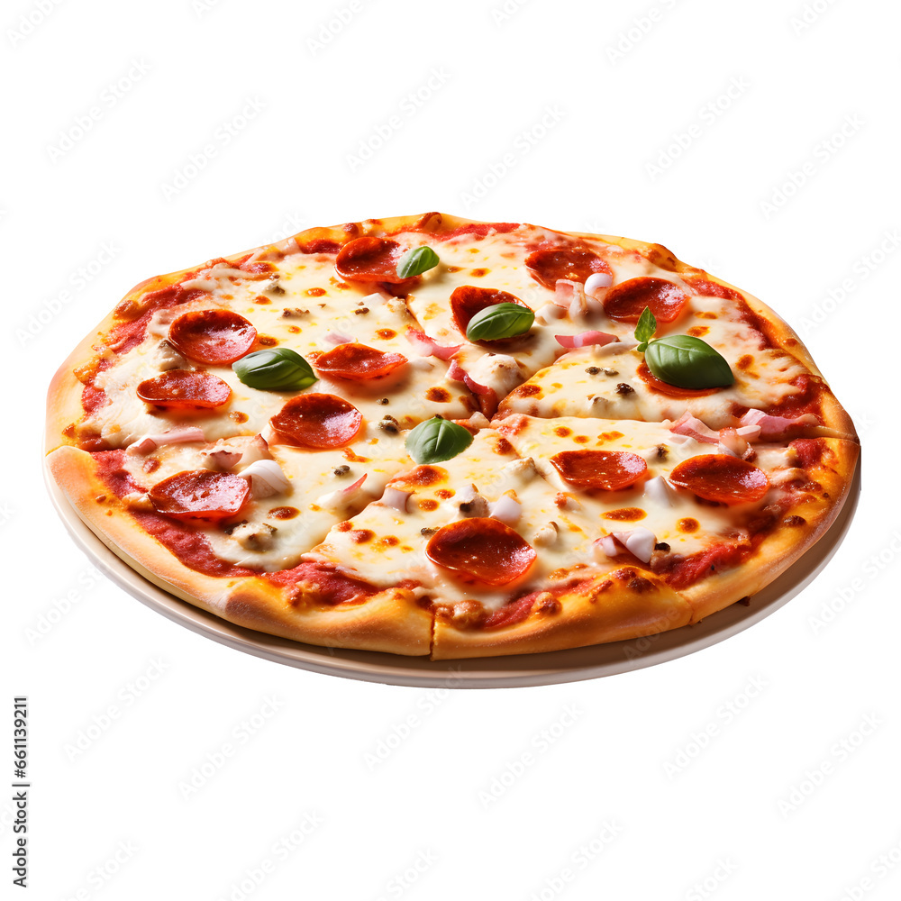 Delicious mixture pizza on wooden board view