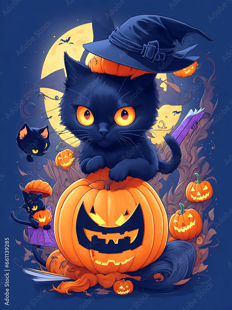 Halloween pumpkin with cat - Generative AI Halloween pumpkin with cat - Generative AI