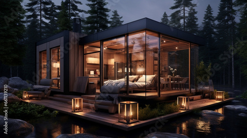 Housing home building night sky wooden exterior grass design modern outdoor landscape architecture © SHOTPRIME STUDIO