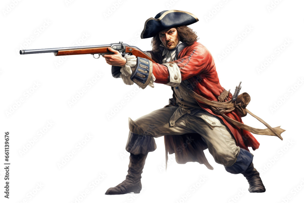 Aiming True with a Musketeer on isolated background - obrazy, fototapety, plakaty 