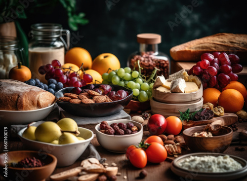 Selection of healthy food in a rustic kitchen
