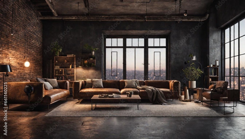 3D Render of Industrial Loft-Style Living Room Interior 3D Render of Industrial Loft-Style Living Room Interior